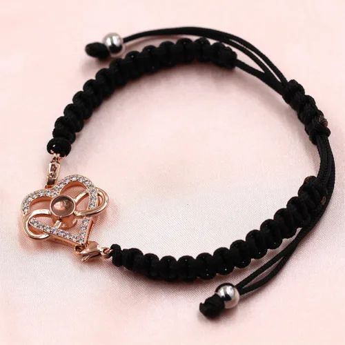 Vista 4 de Pulsera con texto en inglés "I Love You" en 100 idiomas, pulseras de proyección de corazón, cuerda trenzada ajustable, regalos de amor para mamá