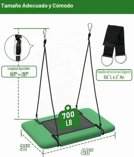 Vista 3 de Columpio de árbol rectangular de 40 pulgadas para niños y adultos, columpio de plataforma ajustable con correas para colgar, capacidad de 700