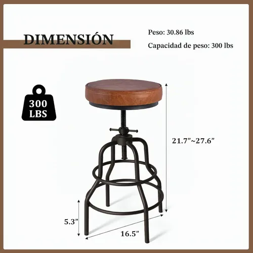 Vista 3 de LOKKHAN Taburetes de bar industriales - Taburete de bar giratorio de cuero y metal - De 20 a 27 pulgadas de alto, altura ajustable para encimera