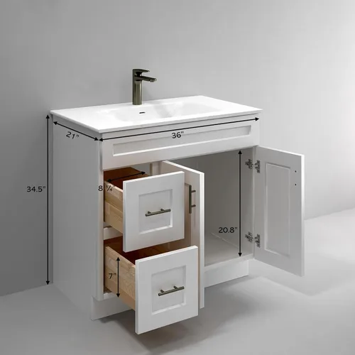 Vista 2 de White Shaker - Base para lavabo de baño con cajones de 36 pulgadas, listo para montar