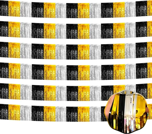 Vista 16 de Paquete de 6 guirnaldas de flecos de papel de aluminio negro de 10 pies con serpentinas metálicas de oropel para colgar en la pared, telón de fondo