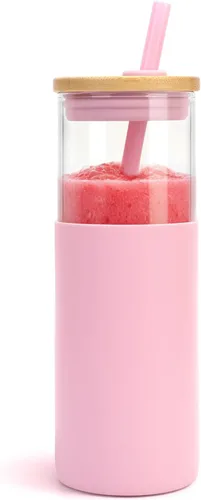 Vista 24 de Tronco Vaso de vidrio de 28 onzas con tapas y pajilla, taza reutilizable para café helado y vaso para batidos con tapa de bambú, funda de silicona