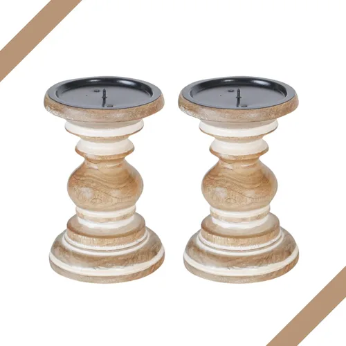 Vista 12 de Portavelas de madera rústica de color blanco lavado (juego de 2) – Soportes de pilar de 6 pulgadas de alto, decoración vintage Shabby Chic, acabado