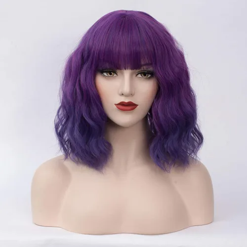 Vista 32 de Cying Lin Peluca corta ondulada y rizada con flequillo azul para mujer, peluca para cosplay, Halloween, resistente al calor, peluca de fiesta