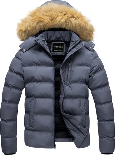 Vista 15 de Pursky Chaqueta de plumón impermeable para hombre, abrigos de invierno con capucha de piel para esquiar, parka con capucha de piel Verde militar
