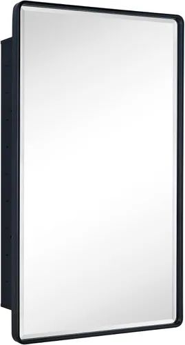 Vista 15 de TEHOME Botiquín de baño empotrado con marco de metal dorado cepillado con espejo rectangular redondeado con espejo biselado de 16 x 24 pulgadas