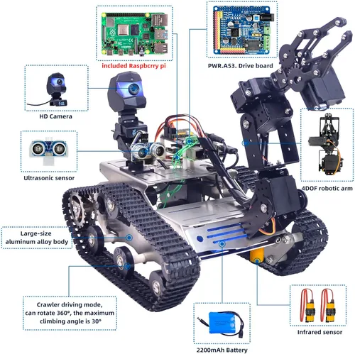 Vista 6 de Kit de robot inteligente para Raspberry Pi, chasis de robot tanque transmisión de video en tiempo real, control WiFi/Bluetooth, planificación