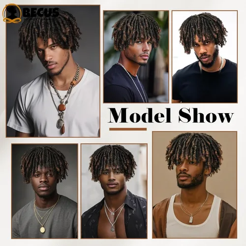 Vista 2 de BECUS Peluca de pelo marrón con rastas para hombres y mujeres negros, peluca corta trenzada sintética para uso diario, fiesta de cosplay (marrón)