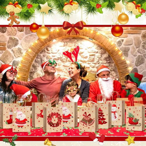 Vista 6 de Yeaqee 80 piezas - bolsas de regalo de Navidad - tamaño pequeño - Merry Christmas Xmas - bolsas de regalo de Navidad con asas - bolsas de papel