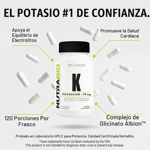 Vista 5 de NutraBio Complejo de potasio, suplemento de potasio para un corazón, huesos, músculos y digestión saludables, 99 mg - 120 cápsulas vegetales