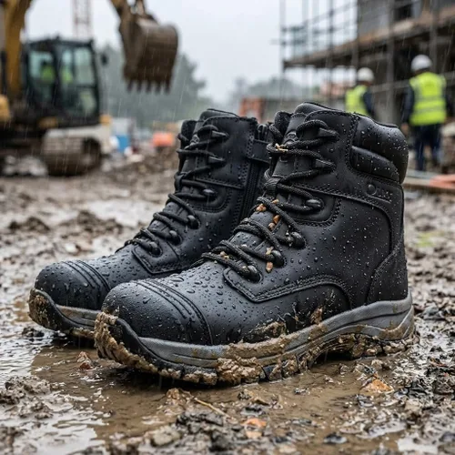 Vista 3 de Botas de trabajo para hombre, zapatos con punta de acero y cremallera lateral, resistentes al agua, antideslizantes, a prueba de pinchazos (OX2720)