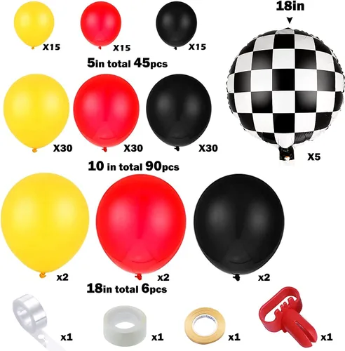 Vista 7 de Juego de 150 globos de aluminio a cuadros de carreras para decoración de cumpleaños (sin telón de fondo)