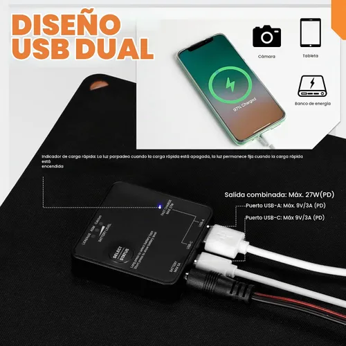 Vista 6 de FieryRed - Cargador y mantenedor de batería de coche con panel solar de 20 W/12 V, cargador de carga continua plegable con controlador incorporado