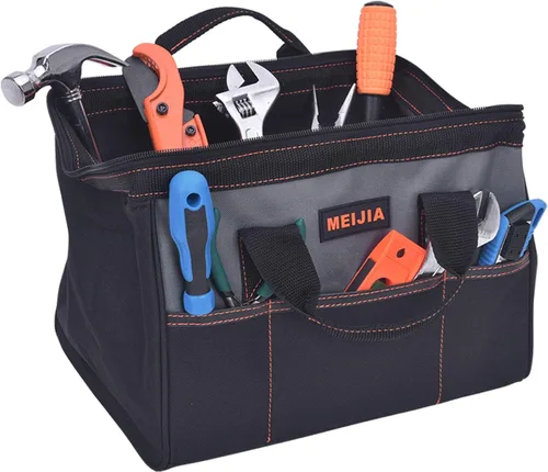 Vista 9 de MEIJIA Bolsa de herramientas portátil impermeable, boca ancha abierta, múltiples bolsillos interiores para almacenamiento de herramientas