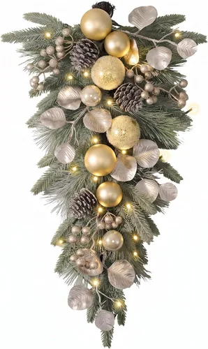 Vista 13 de Valery Madelyn Red Gold Christmas Teardrop Swag Decoration with Lights Rojo dorado