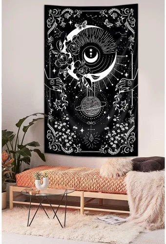Vista 8 de Riyidecor Tapiz vertical de mujer misteriosa de fase lunar, bohemio, pequeño, gótico, para colgar en la pared, plantas florales, hojas estrelladas