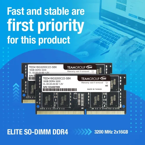 Vista 3 de TEAMGROUP Elite DDR4 de 8 GB individual 3200 MHz PC4-25600 CL22 sin búfer, no ECC 1.2 V SODIMM 260 pines para laptop estilo Notebook, PC, módulo