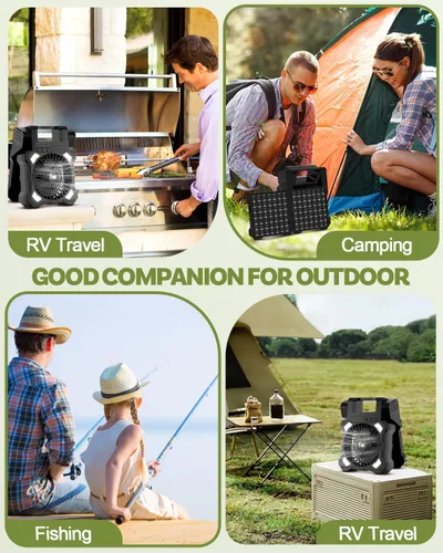 Vista 6 de Ventilador Solar de Camping de 22000mAh, Ventilador Solar Recargable de Doble Panel con Luz LED, 5 Velocidades Ajustables Ventiladores Portátiles