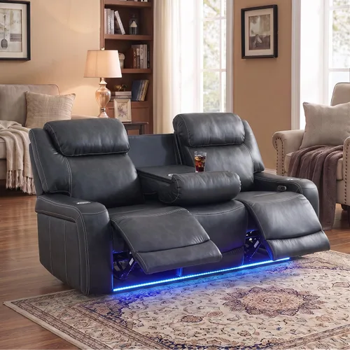 Vista 34 de Sofá reclinable con luces LED, sofá reclinable de cuero con dos asientos reclinables/puerto USB/consola de almacenamiento/soporte para vasos