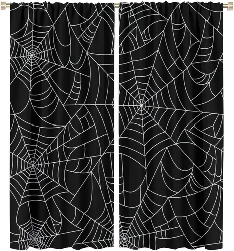 Vista 98 de Cortinas opacas de tela de araña aterradora para niños, tela de araña en blanco y negro, fondo rojo, dormitorio de niños, guardería, decoración