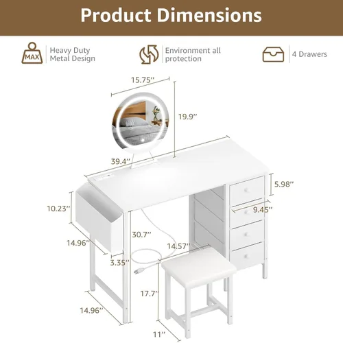 Vista 3 de Escritorio de Tocador Blanco con Espejo y Luz - Juego de Tocador de Maquillaje con Mesa y Silla, Almacenamiento, Espejo Iluminado, 4 Cajones Grandes