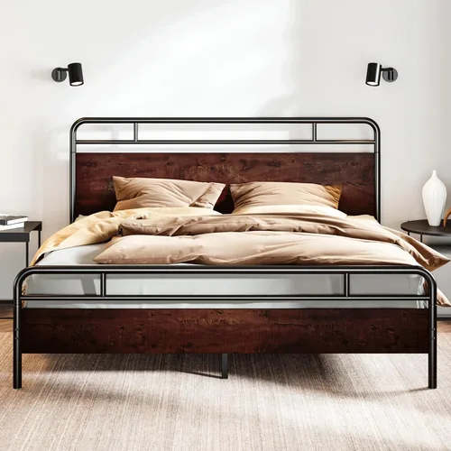 Vista 16 de SHA CERLIN Base de cama tamaño completo con cabecera de madera industrial vintage, plataforma de metal resistente con almacenamiento debajo