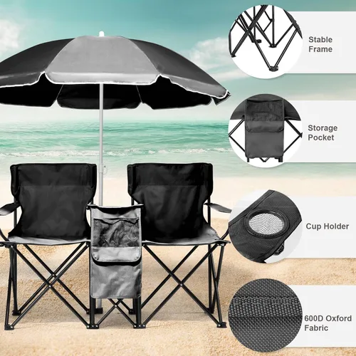 Vista 4 de Silla plegable, silla de camping portátil de 2 asientos con sombrilla extraíble, sillas plegables para exteriores, sillas portátiles de pesca