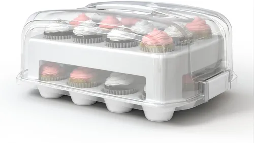 Vista 5 de Transportador de Cupcakes, TAPA EXTRA ALTA, Soporte Verde para Cupcakes que Transporta 24 Cupcakes de Tamaño Estándar, Transportador de Magdalenas