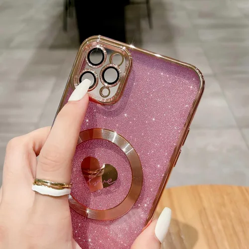 Vista 4 de Funda compatible con iPhone 11 Pro Max de 6.5 pulgadas con Magsafe, funda magnética de corazón chapado con purpurina para mujeres y niñas