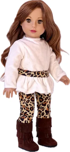 Vista 5 de Ropa Dol de 18 pulgadas, Safari de moda, traje de muñeca de 3 piezas de 18 pulgadas, túnica de terciopelo marfil, leggings de guepardo y botas