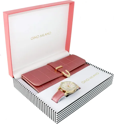 Vista 2 de Reloj de pulsera de cuero dorado para mujer y cartera de tres pliegues a juego