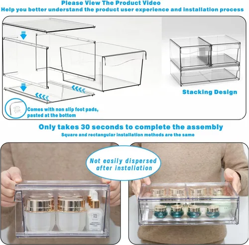 Vista 6 de Paquete de 6 cajones de almacenamiento apilables transparentes, organizador de maquillaje de baño grande de 12 pulgadas de ancho y bolígrafo, lentes
