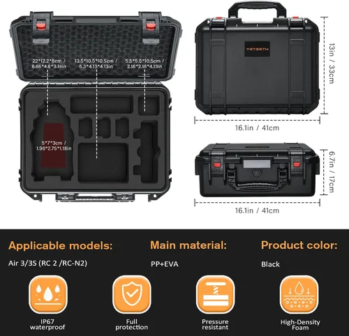 Vista 3 de Funda rígida para DJI Air 3S/Air 3 – Fundas de transporte impermeables, bolsa de almacenamiento portátil para DJI Fly More Combo, controlador RC