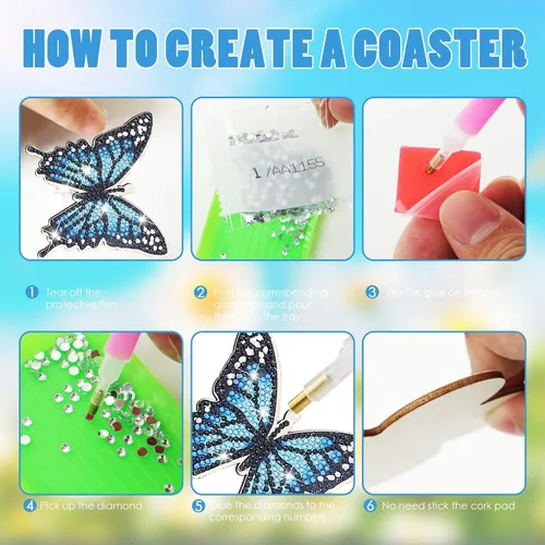 Vista 3 de Kit de 10 posavasos de pintura de diamantes de mariposa con soporte para principiantes, adultos y niños, suministros de arte de primavera para regalo