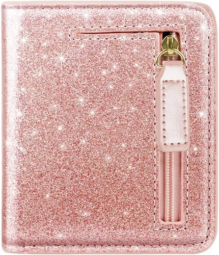 Vista 14 de Cartera pequeña con bloqueo RFID para mujer, con bolsillo plegable y compacto, lindo soporte para tarjetas de crédito, ranura para monedas, monedero