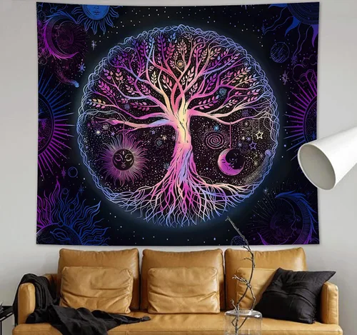 Vista 5 de FORATER Tapiz Colgante de Pared del Árbol de la Vida Colorido Tapices del Árbol de la Vida Estético Tapiz de Pared de Sol y Luna Galaxia