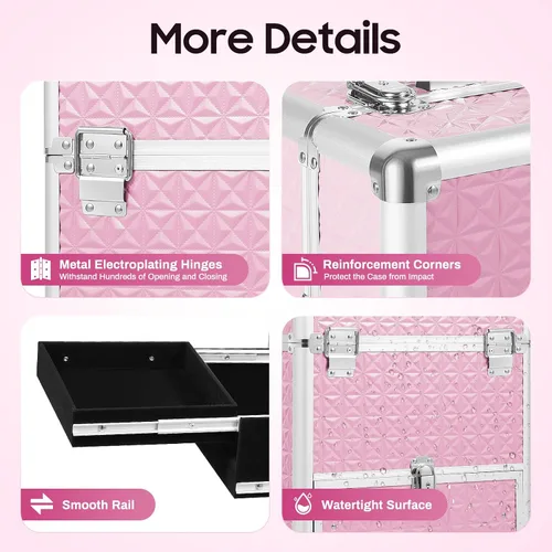 Vista 7 de Estuche de maquillaje con ruedas y mango telescópico, cajón con cerradura, estuche de maquillaje rodante, organizador de cosméticos, para estilista