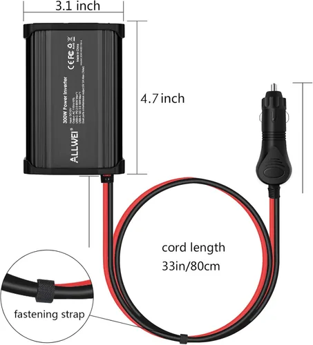 Vista 8 de ALLWEI - Inversor de corriente de 300 W, adaptador de toma de corriente con enchufe para coche, CC 12 V a CA 110 V, con cargador rápido USB-C PD
