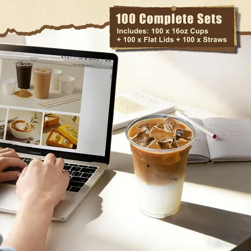 Vista 6 de Zcaukya Paquete de 100 vasos de plástico de 16 onzas con tapas y pajitas, vasos transparentes desechables para café helado, refrescos, batidos