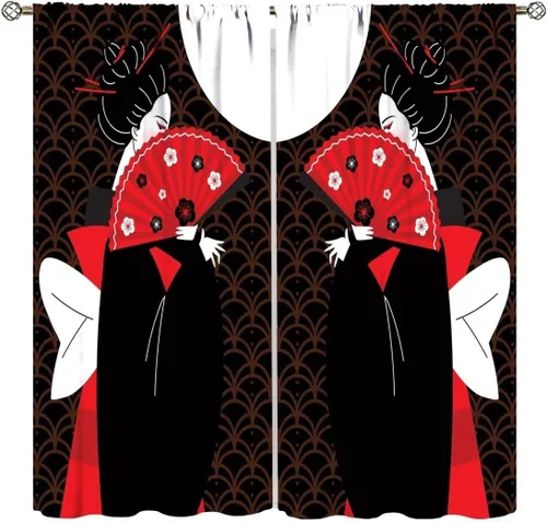 Vista 17 de Cortinas de estilo japonés, Kyoto Geisha Girls Asian Ink Painting - Cortinas de tela de poliéster con estampado de Japón antiguo para dormitorio