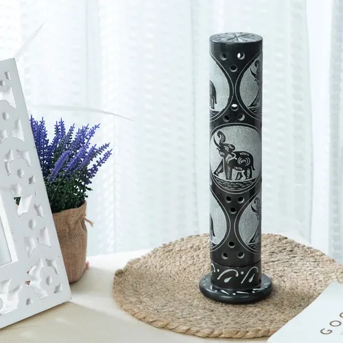 Vista 6 de Crocon Quemador de torre de incienso de mármol negro hecho a mano, forma redonda, diseño Jali, quemador de torre de incienso Portavelas de luz