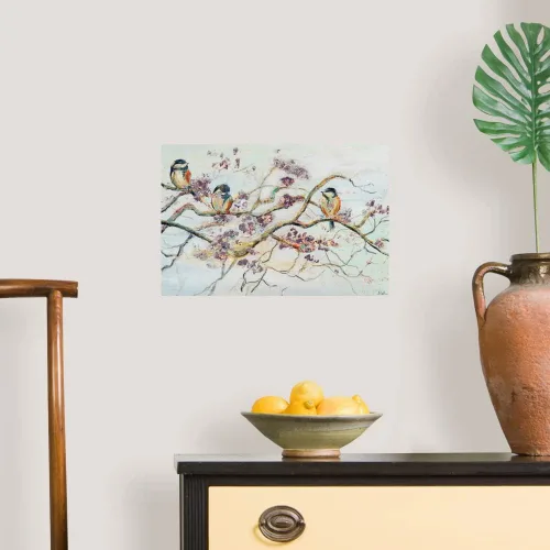 Vista 4 de Vinilo decorativo para pared, diseño de pájaros en flor de cerezo