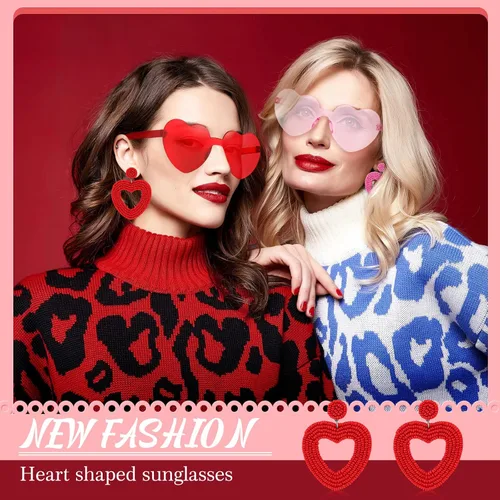 Vista 4 de Flutesan Aretes de corazón con cuentas para el día de San Valentín, lentes de sol con forma de corazón, sin montura y corazón de caramelo