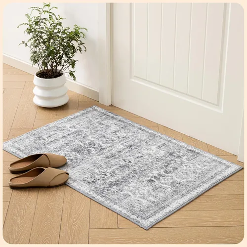 Vista 254 de Istana Alfombra larga antideslizante de 2.5 x 8 para el hogar, para pasillo y cocina, lavable, sedosa y suave al tacto, elegante, color azul y marfil