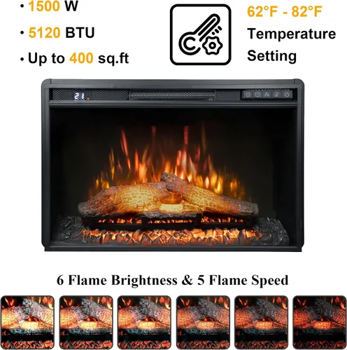 Vista 4 de Inserto de chimenea eléctrica de 26 pulgadas de ancho, 6 niveles de brillo, 5 velocidades de llama, 62-82 ℉, temporizador y control remoto, chimenea