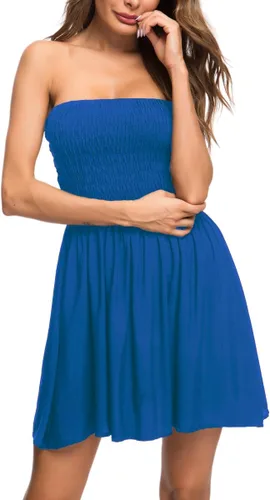 Vista 2 de pasidvy Vestido de verano para mujer, con lazo y hombros fruncidos, parte superior de tubo, acampanado, para playa, mini vestido 05