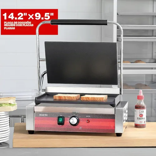 Vista 4 de EGGKITPO Parrilla Panini eléctrica comercial con placas planas, sandwichera de acero inoxidable, 14 x 9.5 pulgadas, placa esmaltada de hierro