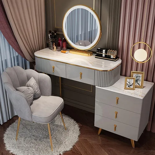Vista 11 de Juego de tocador grande con luces LED, mesa de tocador de maquillaje con gabinete ajustable y taburete acolchado, 3 modos de iluminación, tocador