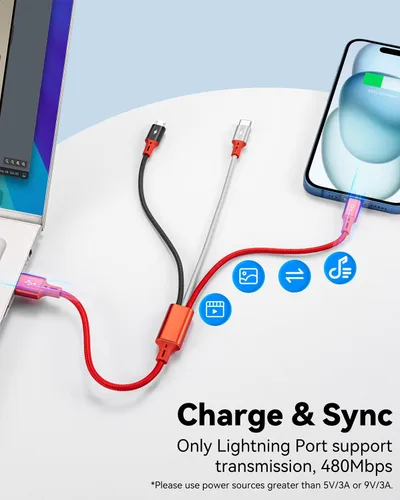 Vista 2 de Paquete de 2 cables de carga múltiple, 3 en 1, retráctil, cable de carga rápida, cargador USB C con Lightning/Micro/Tipo C para iPhone, iPad, Rojo