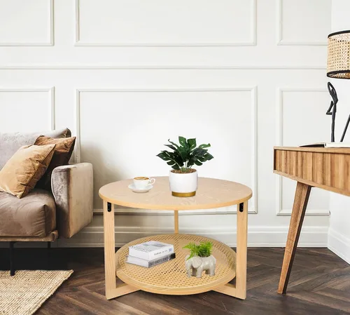 Vista 2 de ZYBT Mesas de centro de ratán para sala de estar, mesa de centro pequeña para espacios pequeños, mesa de centro redonda con almacenamiento, mesa